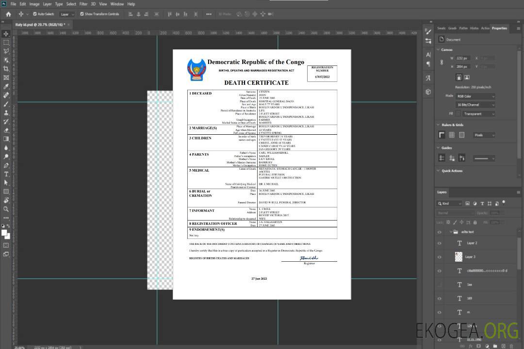 Certificat de décès de l'état civil de la République démocratique du Congo Modèle Word et PDF template
